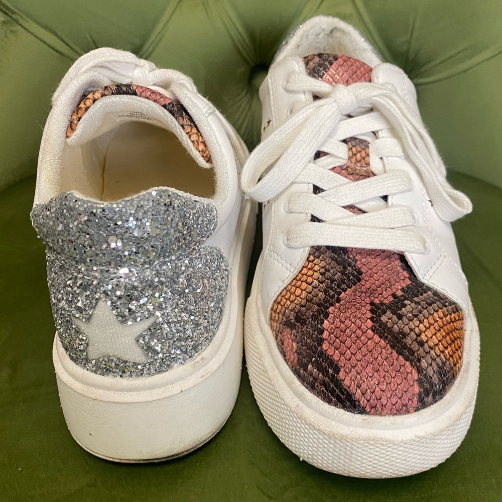 JLO JENNIFER LOPEZ Platform Sneakers White Silver & Brown Snake Print Size 8